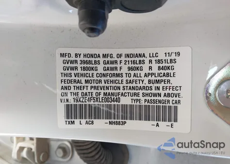 2020 Honda Insight Ex из США, поврежденный, VIN 19XZE4F5XLE003440